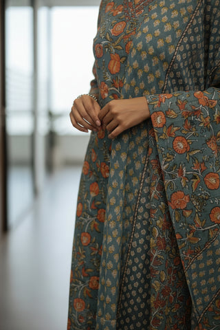 Gray Floral Printed Cotton Kurti Set for Women with Dupatta