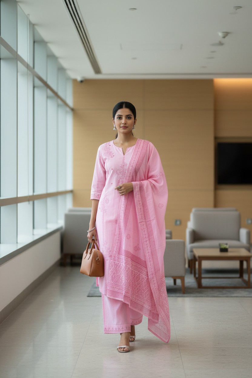 Soft Pink Embroidered Cotton Kurti Set with Dupatta