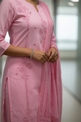 Soft Pink Embroidered Cotton Kurti Set for Women with Dupatta