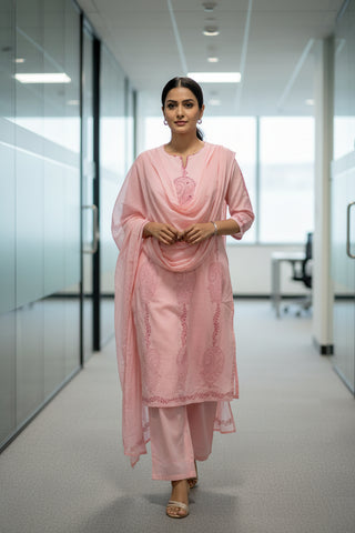 Blush Pink Paisley Embroidered Cotton Kurti Set for Women with Dupatta