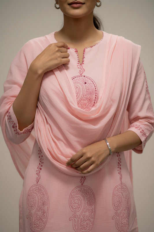 Blush Pink Paisley Embroidered Cotton Kurti Set for Women with Dupatta