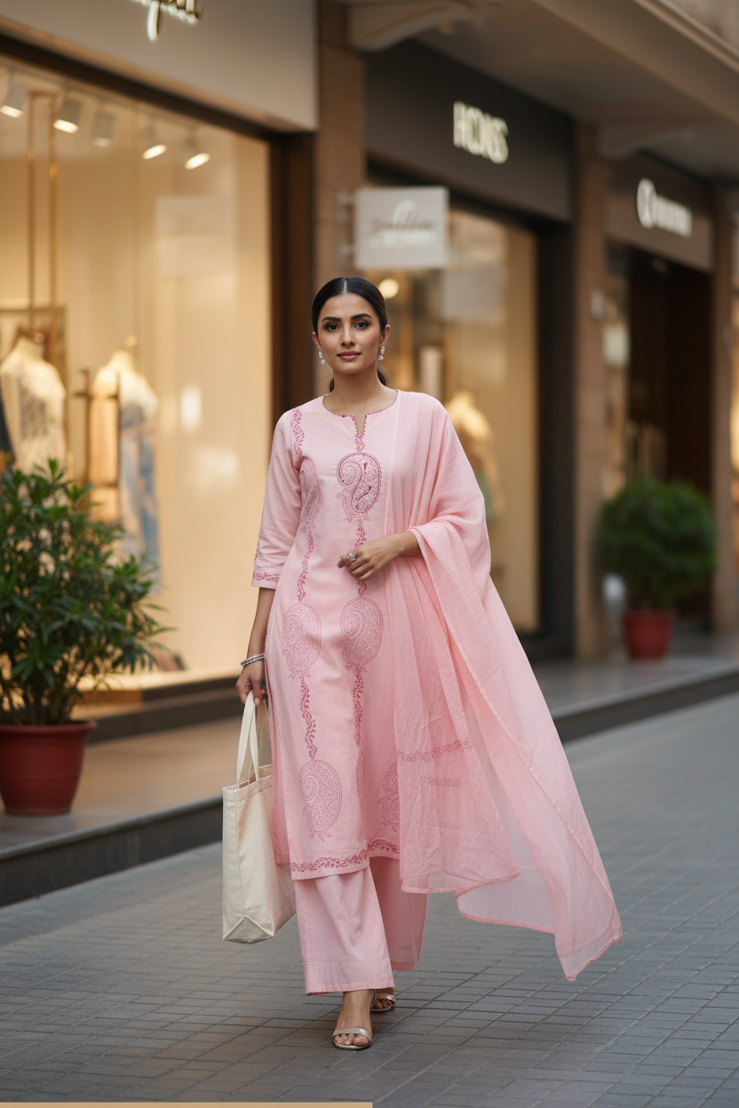 Blush Pink Paisley Cotton Kurti Set with Dupatta
