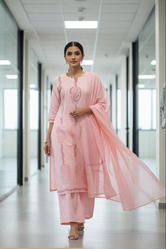 Blush Pink Paisley Embroidered Cotton Kurti Set for Women with Dupatta