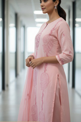 Blush Pink Paisley Embroidered Cotton Kurti Set for Women with Dupatta