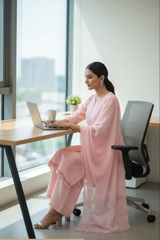 Blush Pink Paisley Embroidered Cotton Kurti Set for Women with Dupatta