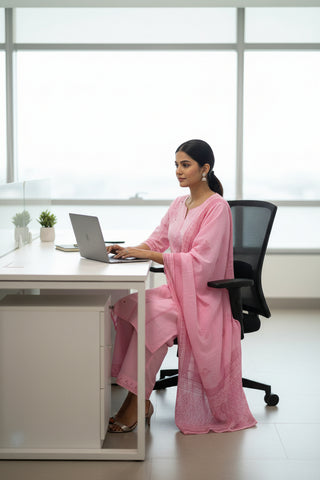 Soft Pink Embroidered Cotton Kurti Set for Women with Dupatta