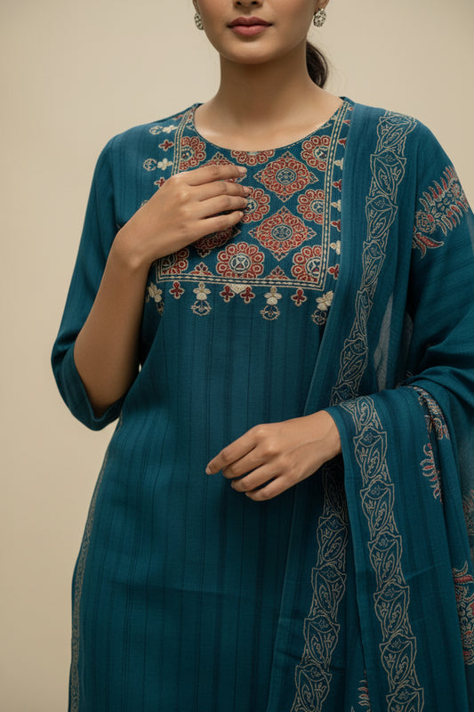 Peacock Blue Printed Cotton Kurti Set for Women with Dupatta