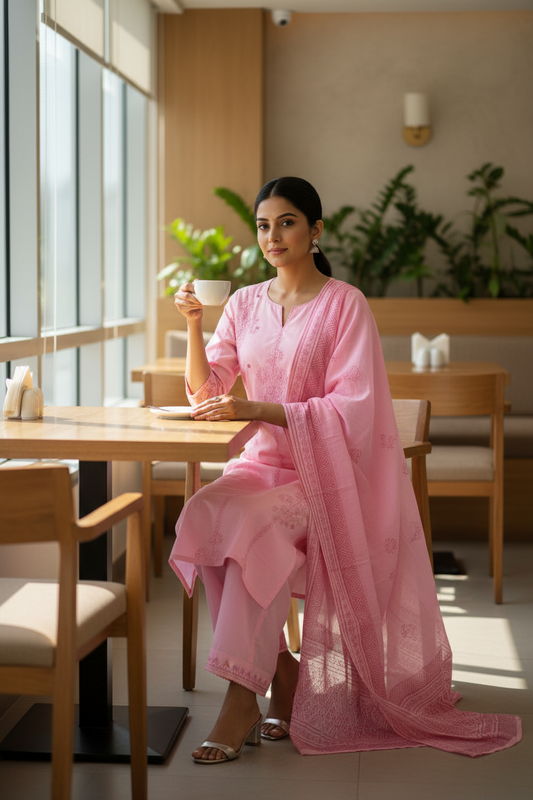 Soft Pink Embroidered Cotton Kurti Set with Dupatta