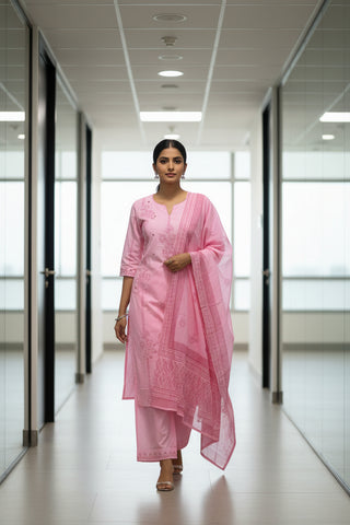 Soft Pink Embroidered Cotton Kurti Set for Women with Dupatta