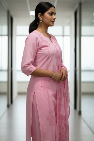 Soft Pink Embroidered Cotton Kurti Set for Women with Dupatta