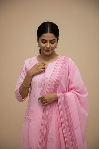 Soft Pink Embroidered Cotton Kurti Set for Women with Dupatta