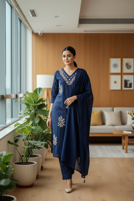 Navy Blue Floral Embroidered Cotton Kurti Set with Dupatta