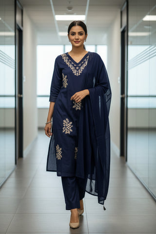 Navy Blue Gold Floral Embroidered Cotton Kurti Set for Women with Dupatta