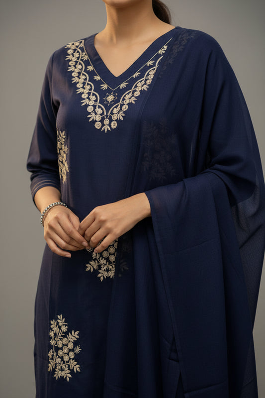 Navy Blue Floral Embroidered Cotton Kurti Set with Dupatta