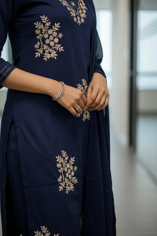 Navy Blue Gold Floral Embroidered Cotton Kurti Set for Women with Dupatta