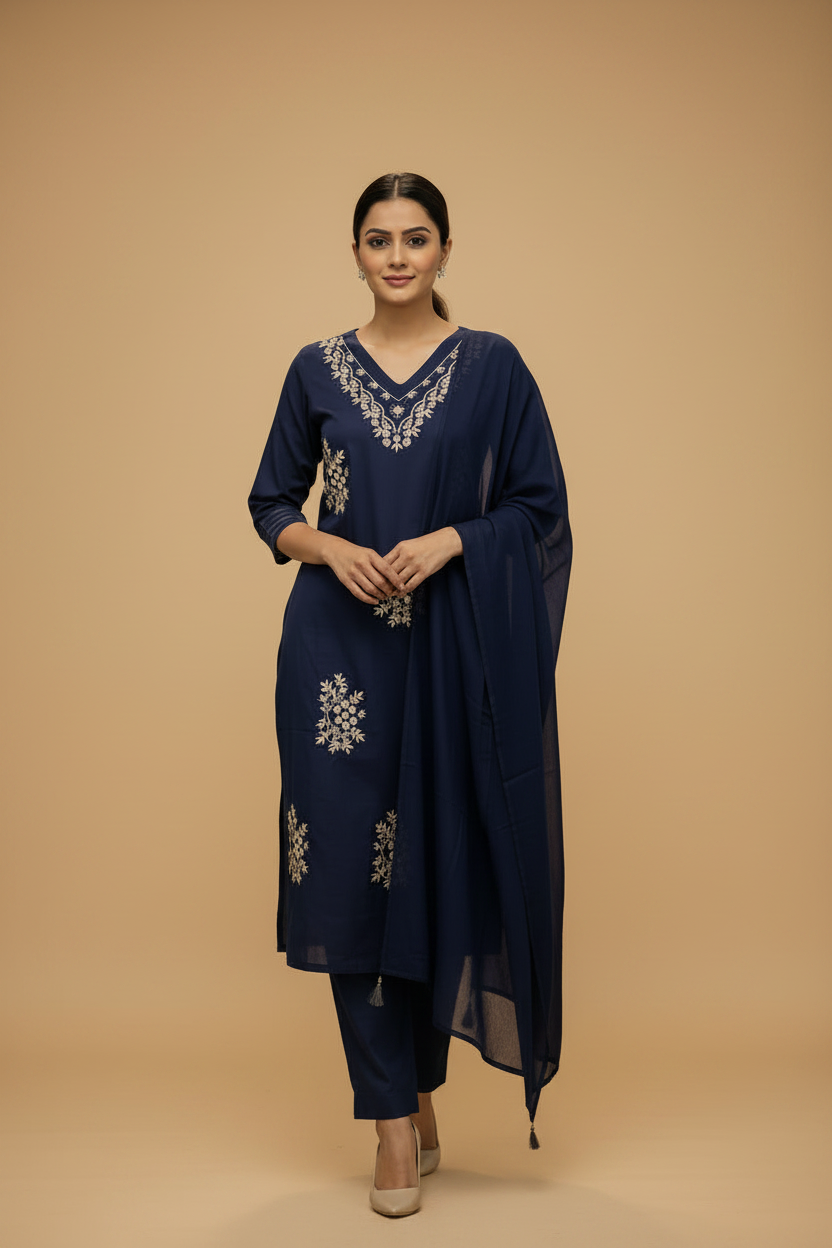 Navy Blue Floral Embroidered Cotton Kurti Set with Dupatta