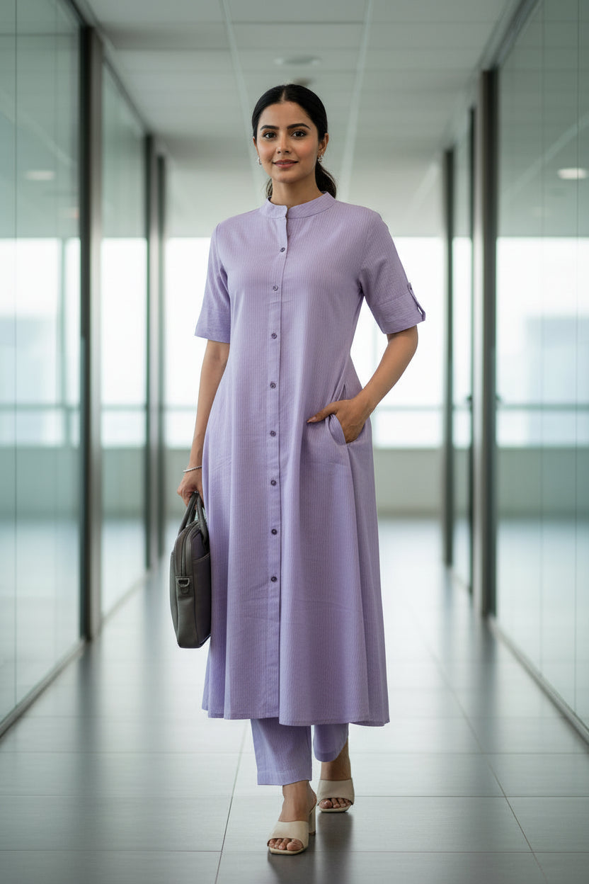 Lavender Solid Button-Front Cotton Kurti Set for Women with Pant