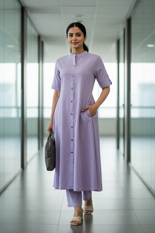 Lavender Solid Button-Front Cotton Kurti Set for Women with Pant