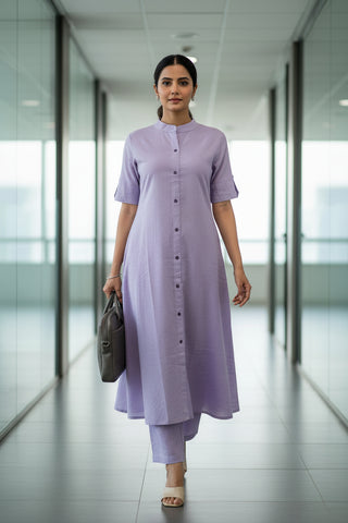Lavender Solid Button-Front Cotton Kurti Set for Women with Pant