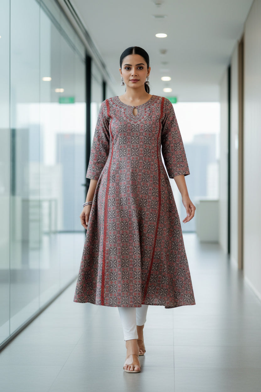 Gray with Red Ajarakh A-Line kurti