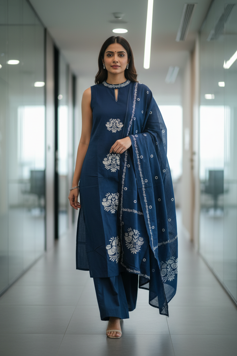 Navy Blue Cotton Thread work Kurti Set for Women with Printed Dupatta