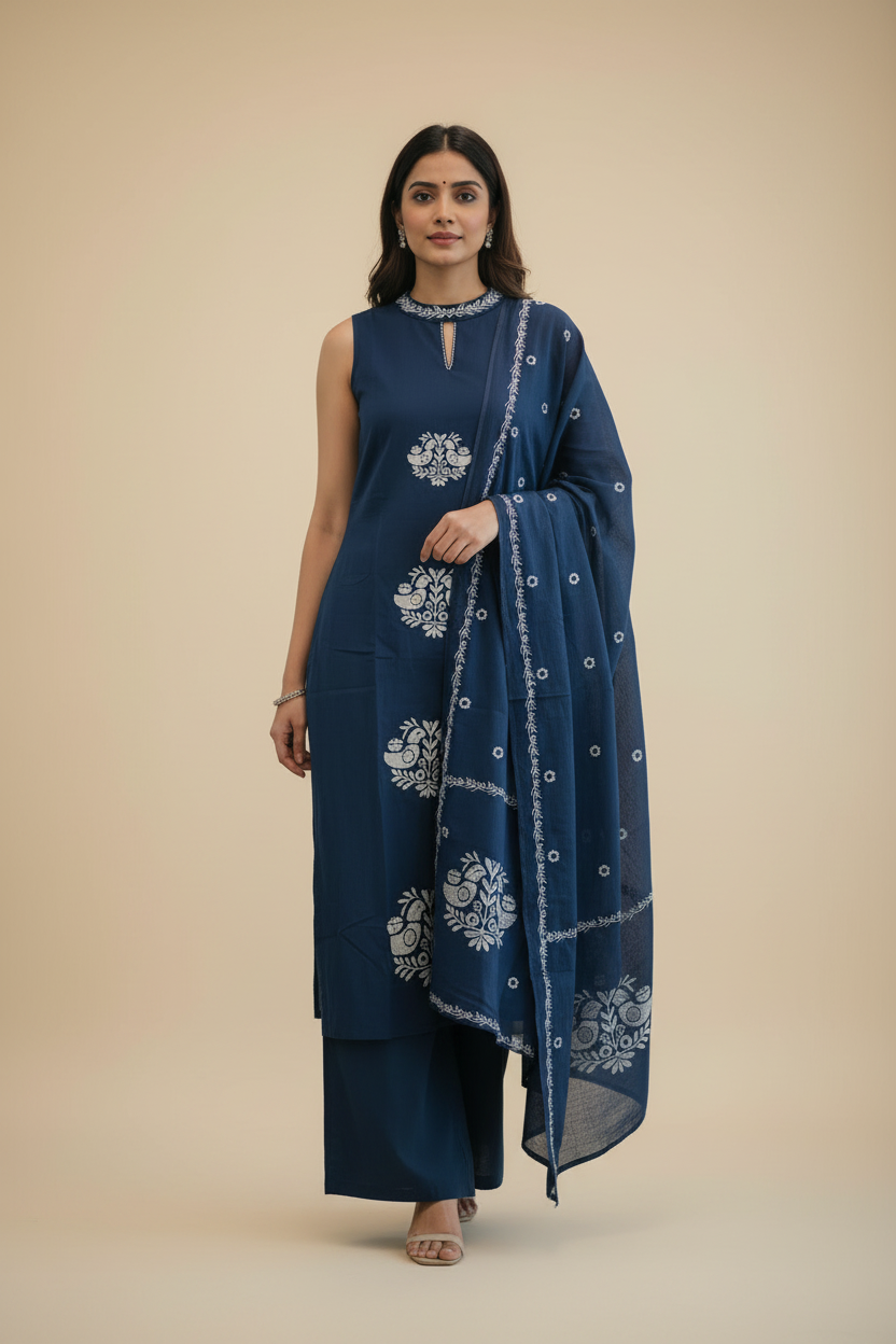 Navy Blue Cotton Thread work Kurti Set for Women with Printed Dupatta
