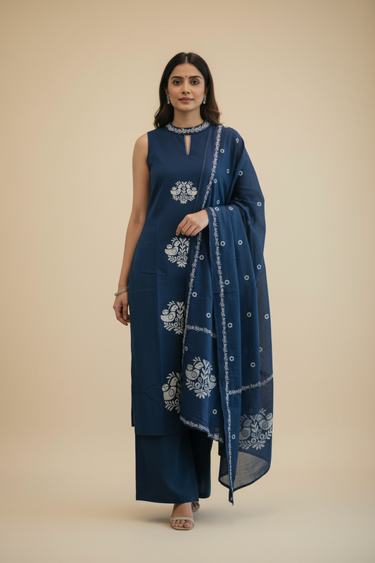 Navy Blue Cotton Thread work Kurti Set for Women with Printed Dupatta