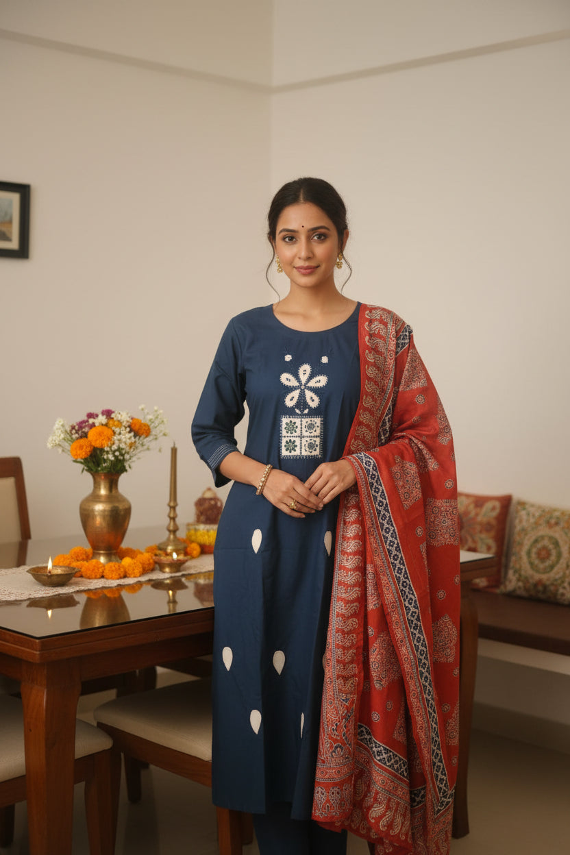 Blue Cotton Kurti Set for Women with Printed Dupatta