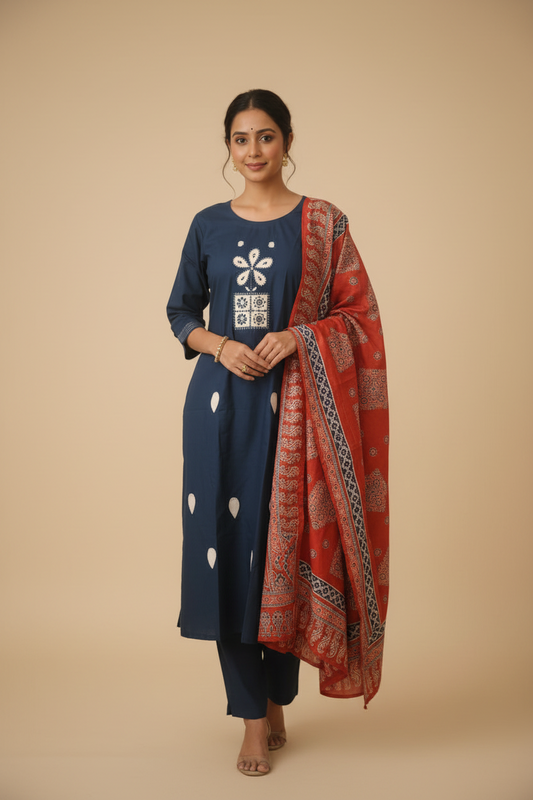 Blue Cotton Kurti Set for Women with Printed Dupatta