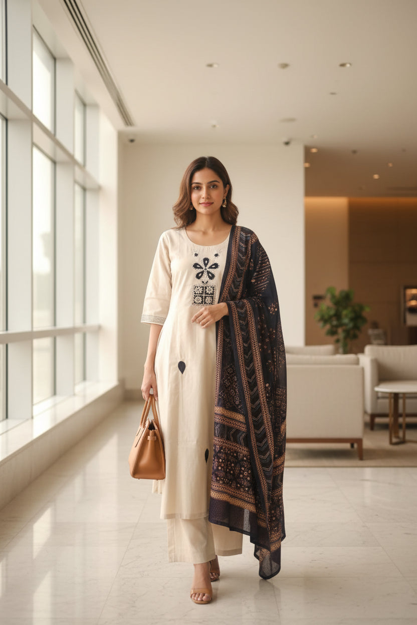 Cream Cotton Kurti Set for Women with Printed Dupatta