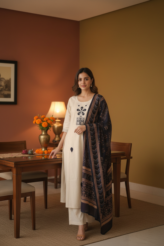 Cream Cotton Kurti Set for Women with Printed Dupatta