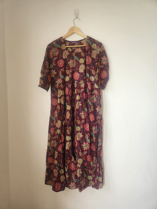 Maroon Cotton Kalamkari Long Printed Tiered Kurti Maxi Dress for Women