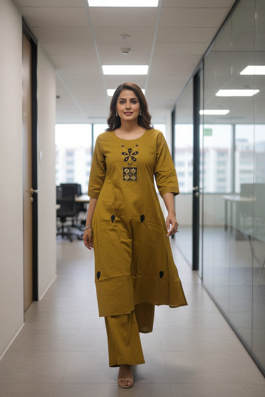 Mehandi Green Cotton ALine Kurti Set