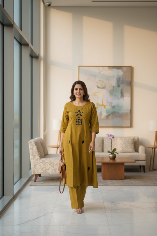Mehandi Green Cotton ALine Kurti Set