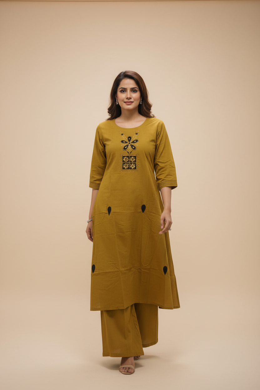 Mehandi Green Cotton ALine Kurti Set
