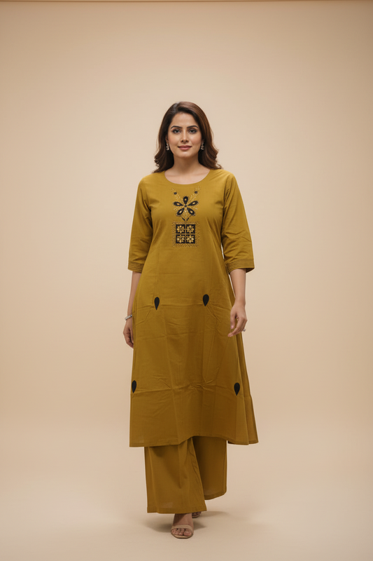 Mehandi Green Cotton ALine Kurti Set