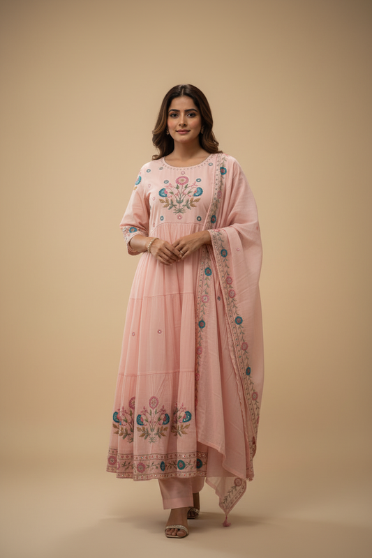 Blush Pink Floral Embroidered Anarkali Kurta Set with Dupatta