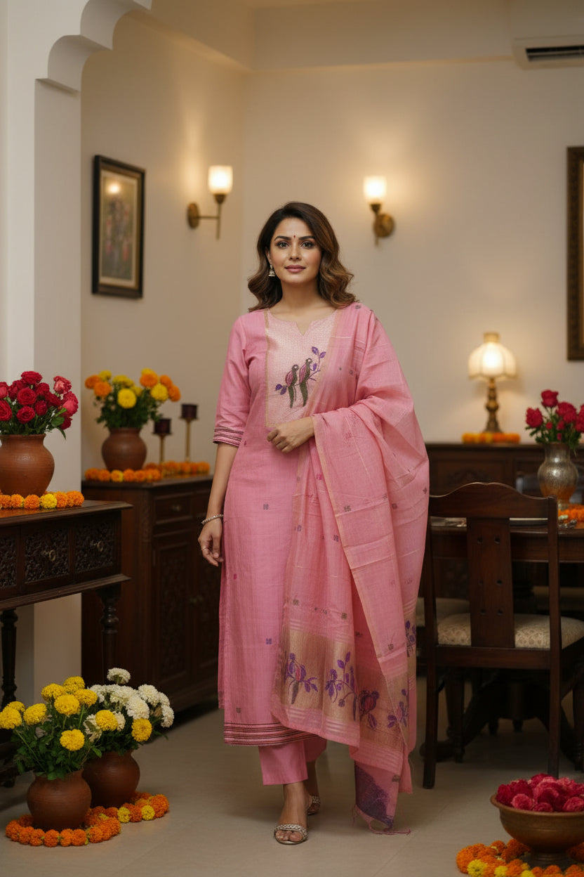 Pastel Pink Jamdhani Dupatta Set For Women