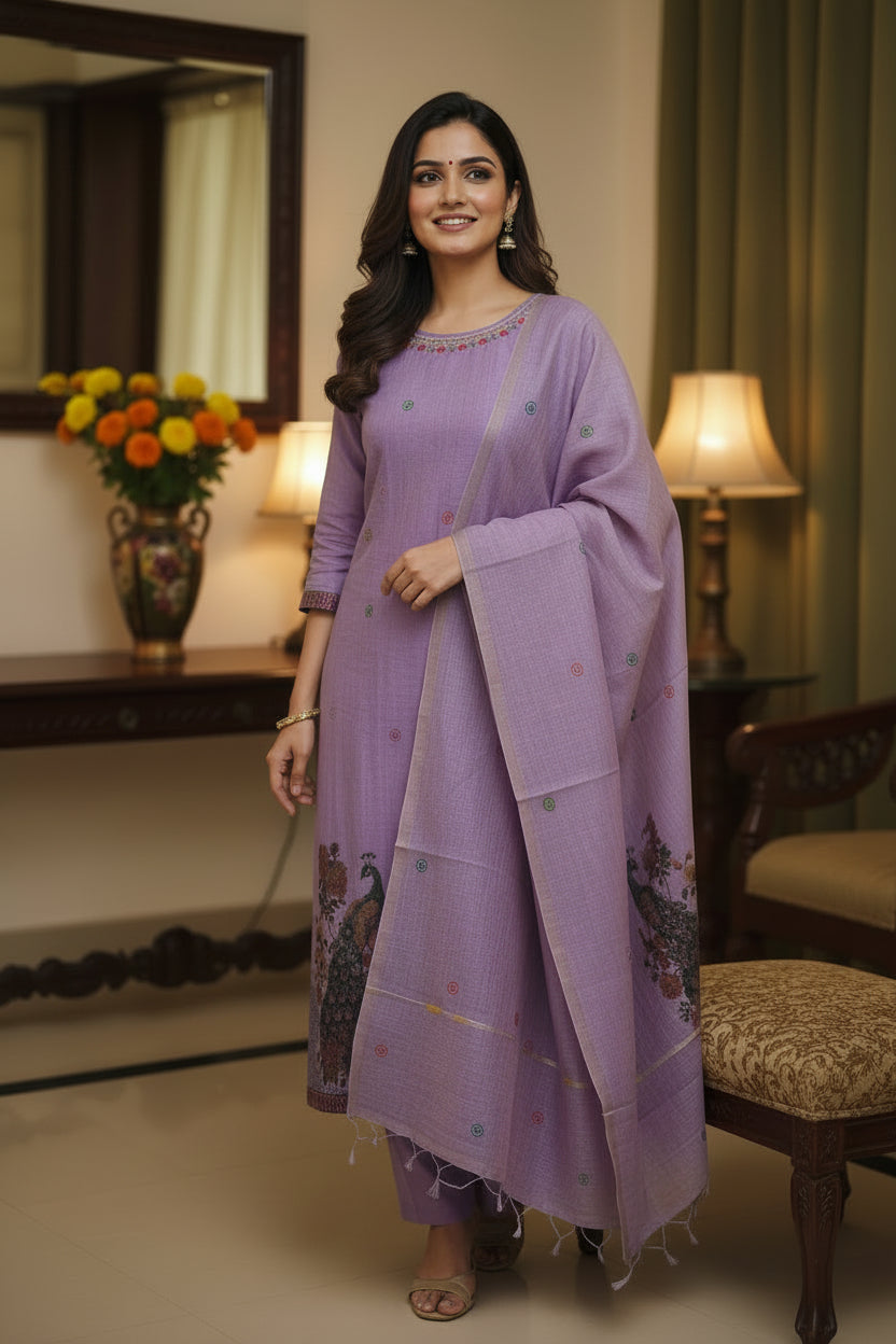 Voilet Peacock Work Jamdhani Dupatta Set For Women