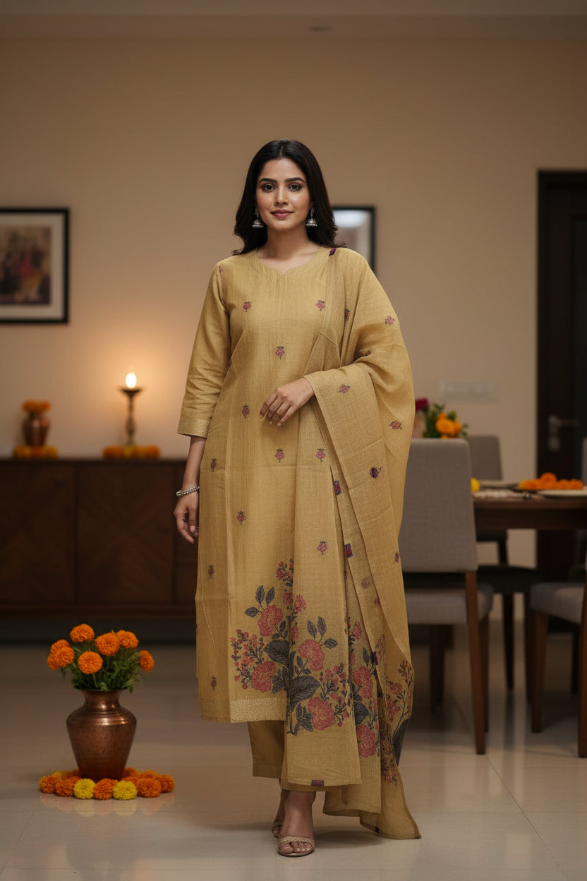 Yellow Floral Jamdhani Dupatta Set For Women