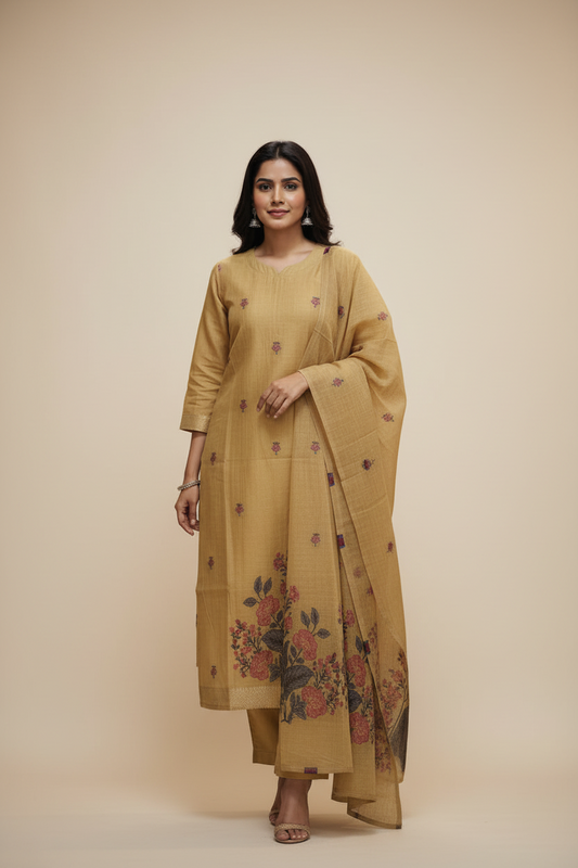 Yellow Floral Jamdhani Dupatta Set For Women