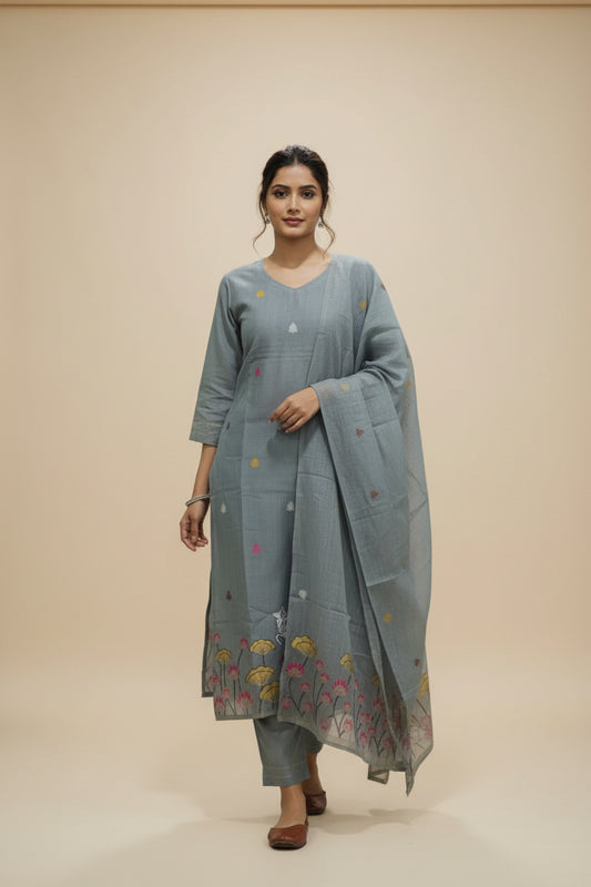 Gray Pichwai Jamdani  Weaving Dupatta Set For Women