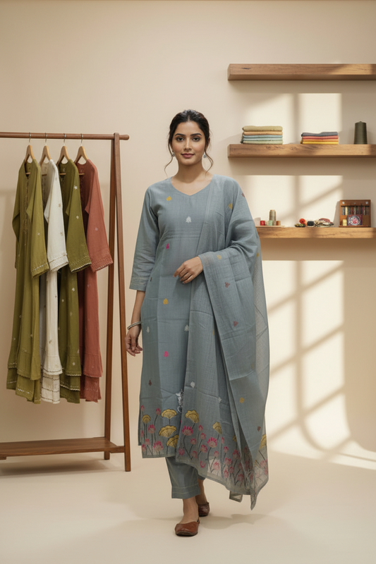 Gray Pichwai Jamdani  Weaving Dupatta Set For Women