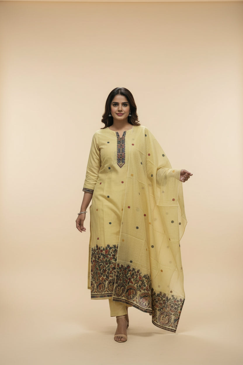 Yellow Kalamkari Weaving Jamdhani Dupatta Set For Women