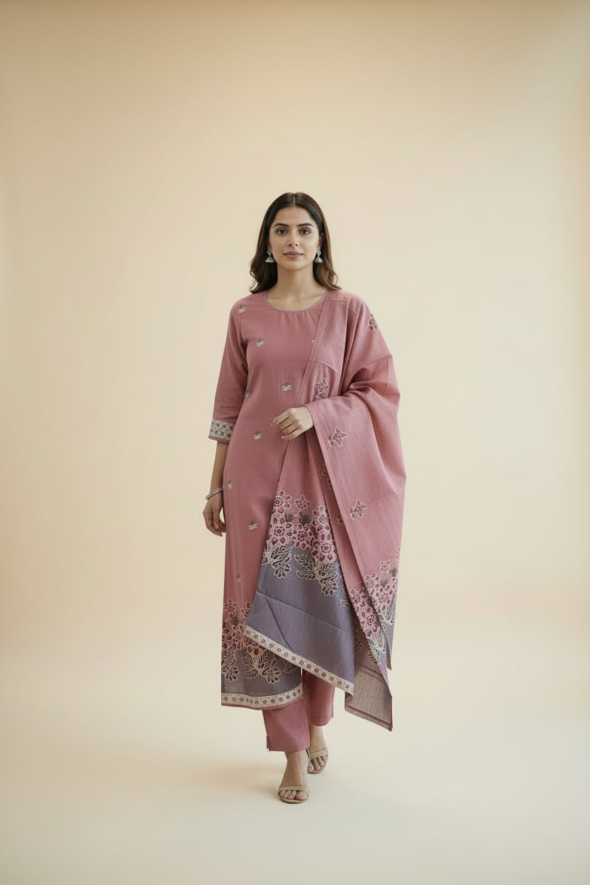 Brick Color Floral Jamdhani Dupatta Set For Women