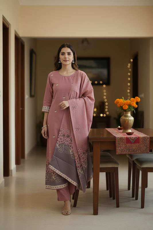 Brick Color Floral Jamdhani Dupatta Set For Women