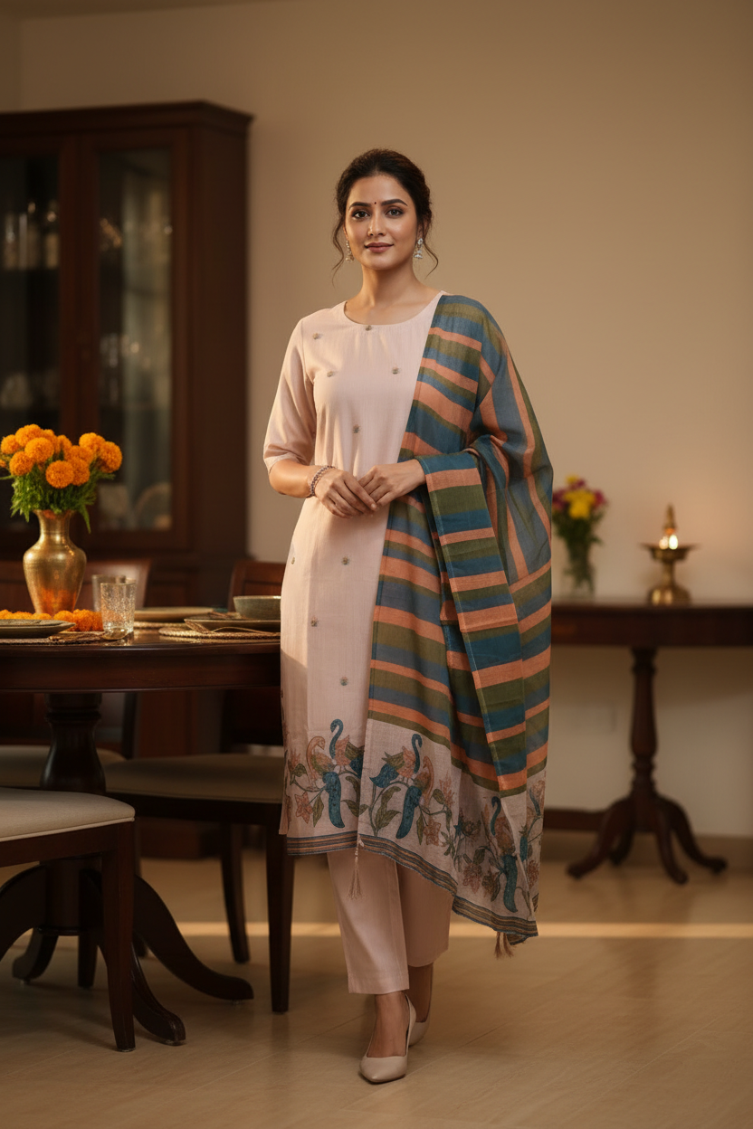 Blush Pink Peacock Jamdani Dupatta Set For Women