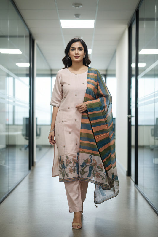 Blush Pink Peacock Jamdani Dupatta Set For Women