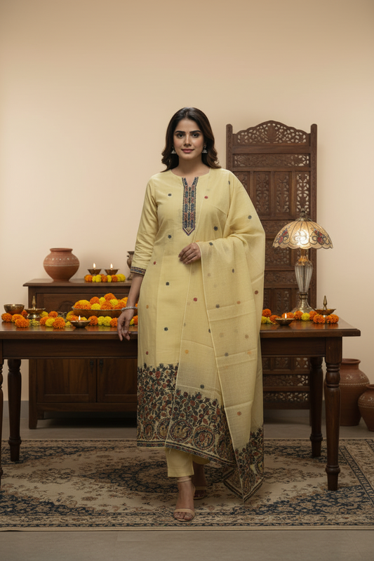 Yellow Kalamkari Weaving Jamdhani Dupatta Set For Women