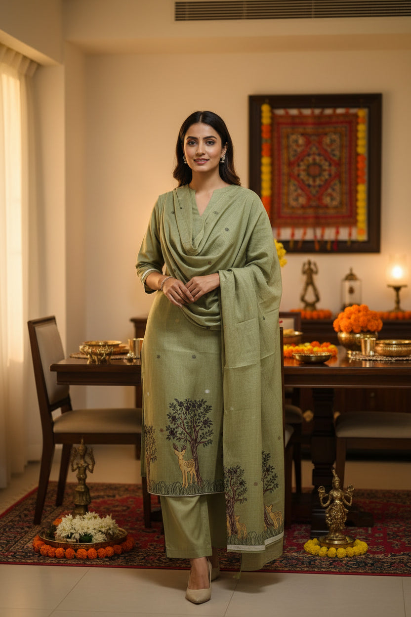 Green Deers Jamdani Dupatta Set For Women